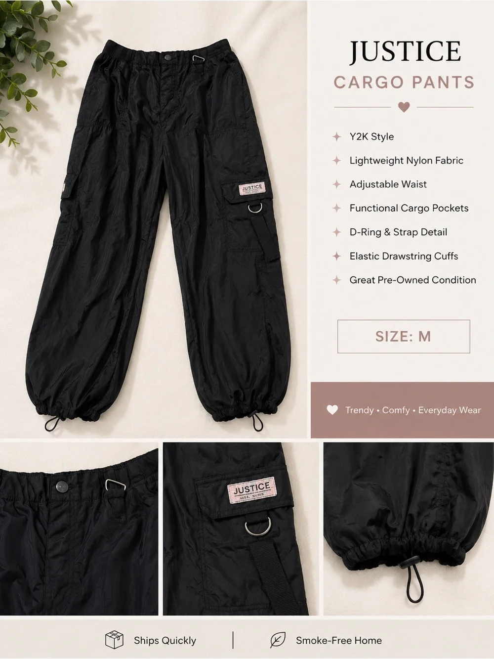 Justice Black Nylon Cargo Pants with D-Ring & Drawstring Cuffs
